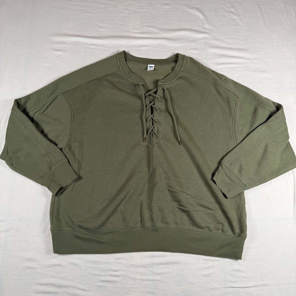 Old Navy Sweatshirt Womens Large Olive Army Green Lace Up Front Fleece Pullover